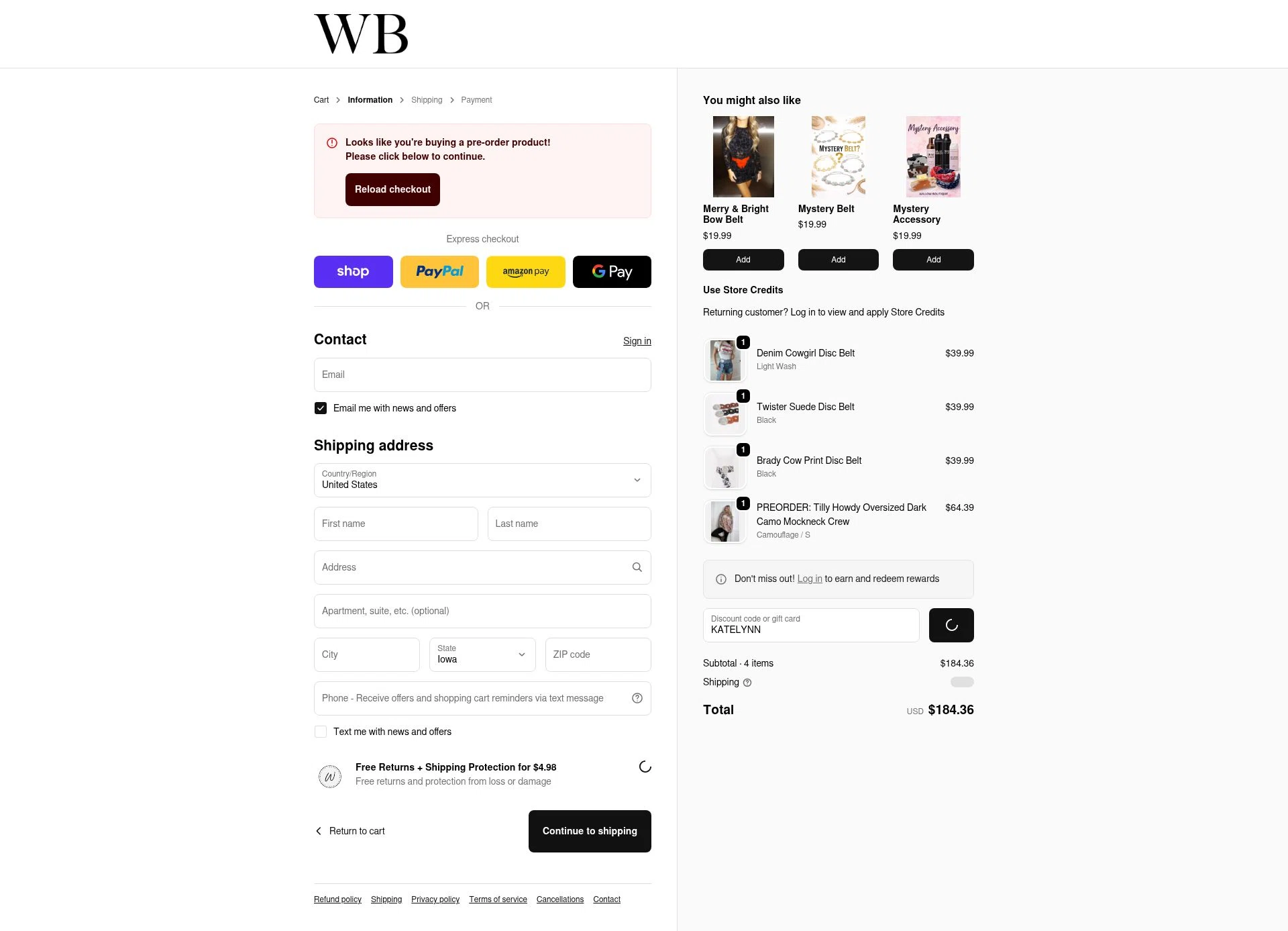 Willow Boutique checkout page showing Willow Boutique coupon code box | Screenshot taken by SimplyCodes community member on Feb 20, 2026