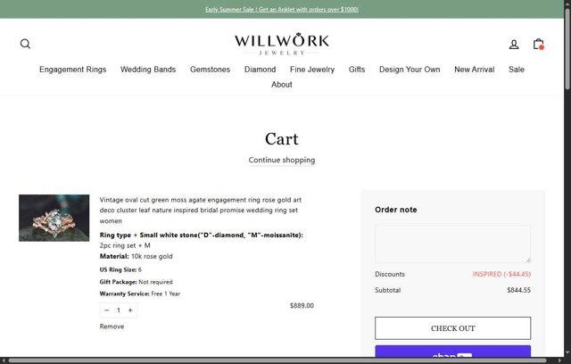 Willwork Jewelry checkout page showing Willwork Jewelry discount code box | Screenshot taken by SimplyCodes community member on Sep 2, 2025