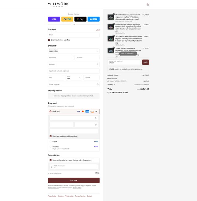 Willwork Jewelry checkout page showing Willwork Jewelry discount code box | Screenshot taken by SimplyCodes community member on Sep 1, 2025