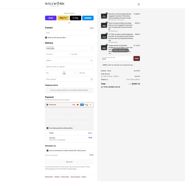 Willwork Jewelry checkout page showing Willwork Jewelry discount code box | Screenshot taken by SimplyCodes community member on Sep 1, 2025