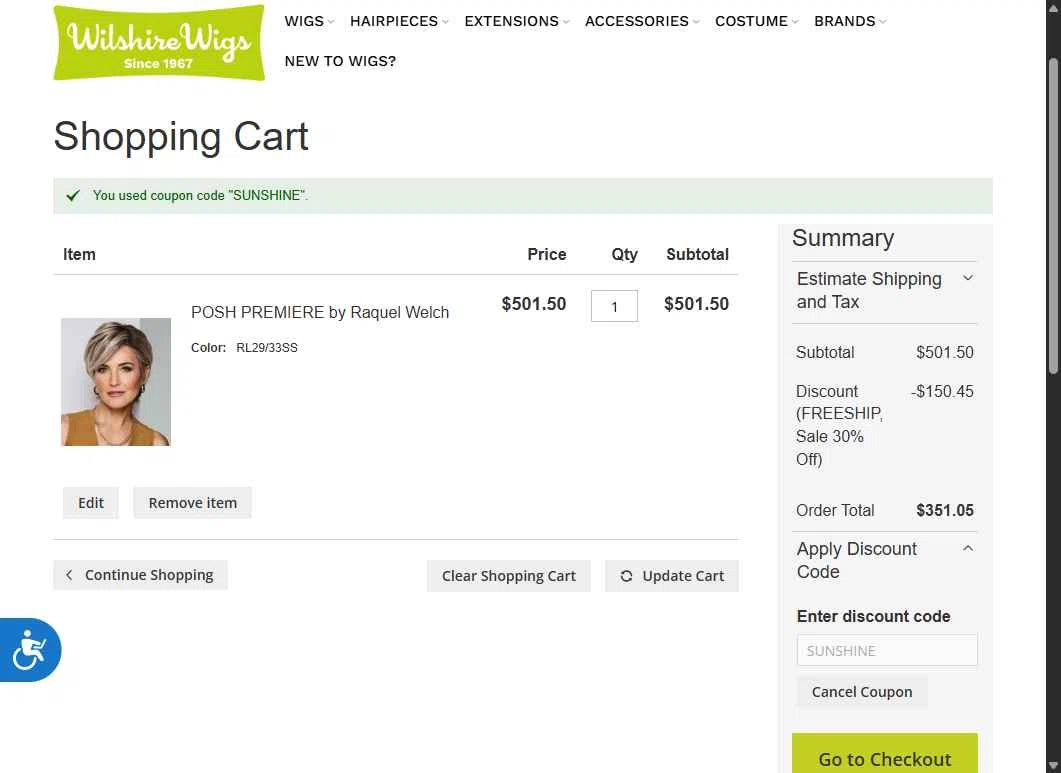 Wilshire Wigs checkout page showing Wilshire Wigs coupon code box | Screenshot taken by SimplyCodes community member on Jul 29, 2025