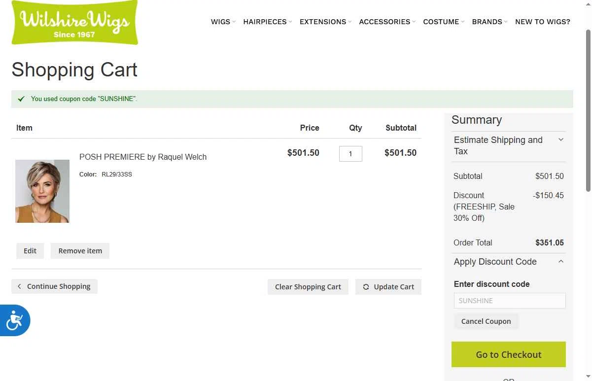 Wilshire Wigs checkout page showing Wilshire Wigs coupon code box | Screenshot taken by SimplyCodes community member on Aug 20, 2025