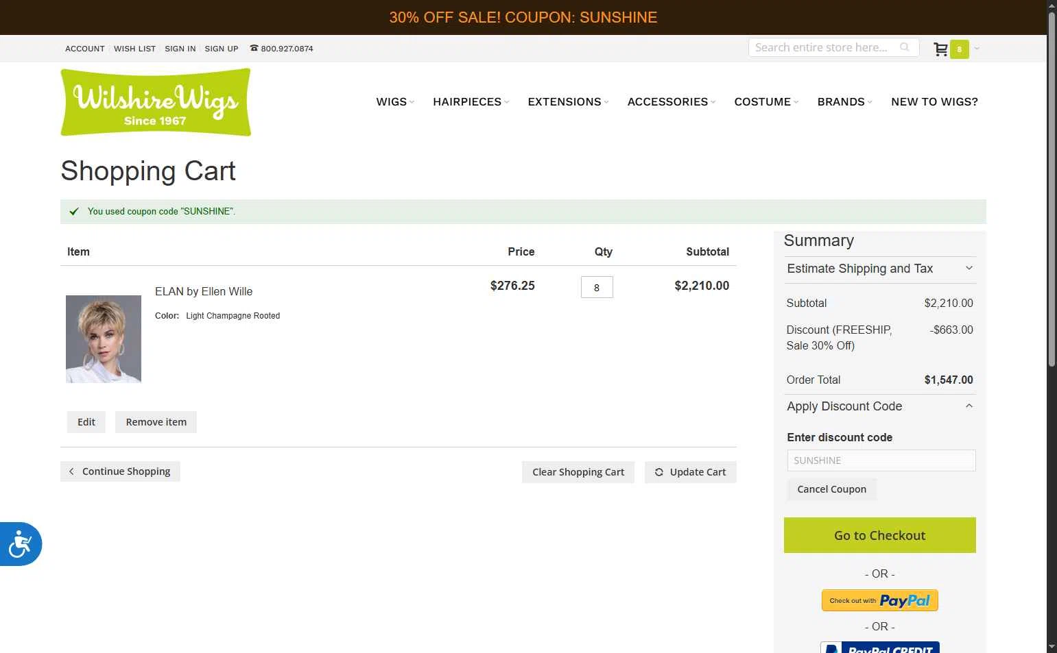 Wilshire Wigs checkout page showing Wilshire Wigs coupon code box | Screenshot taken by SimplyCodes community member on Jul 7, 2025