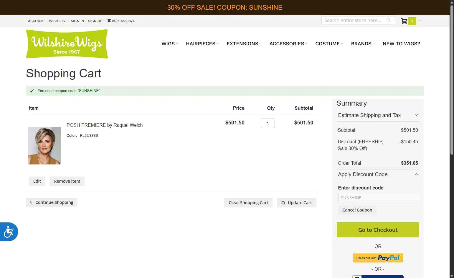 Wilshire Wigs checkout page showing Wilshire Wigs coupon code box | Screenshot taken by SimplyCodes community member on Jun 26, 2025