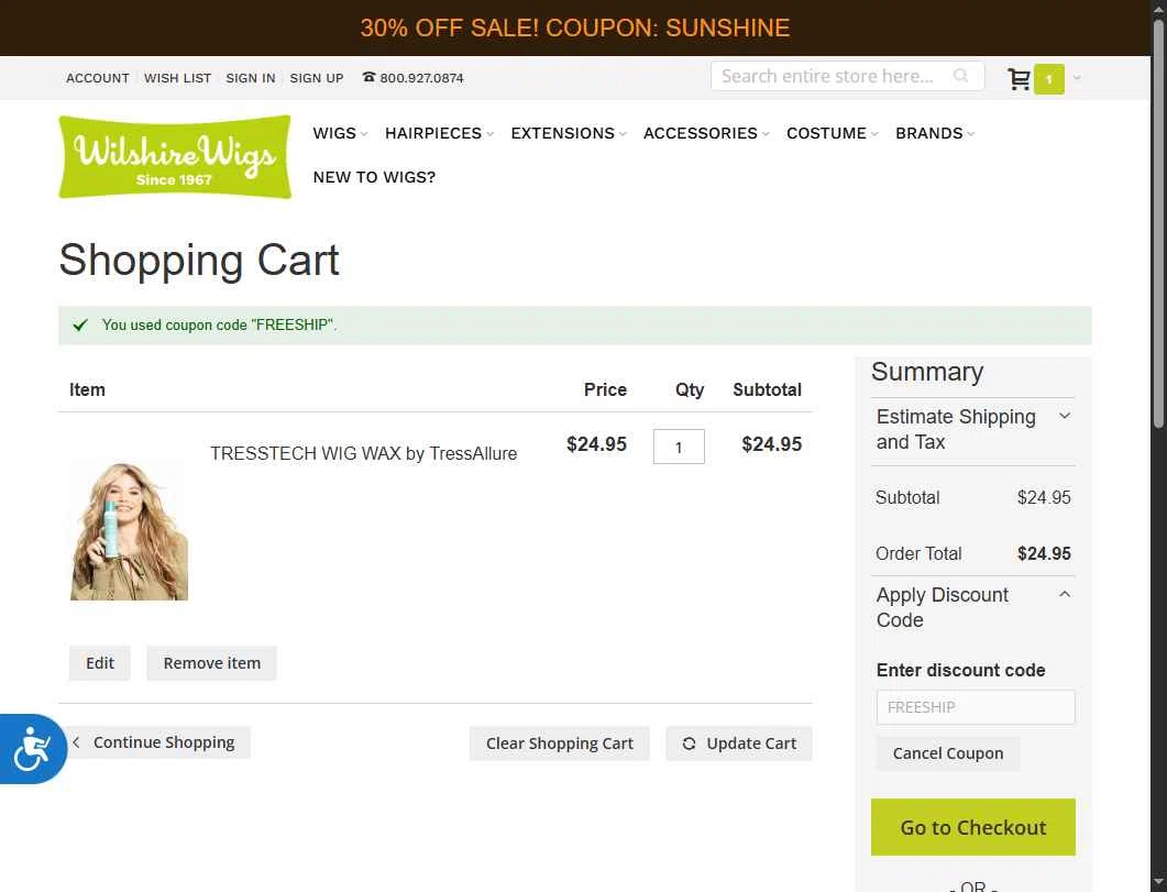 Wilshire Wigs checkout page showing Wilshire Wigs coupon code box | Screenshot taken by SimplyCodes community member on Aug 5, 2025