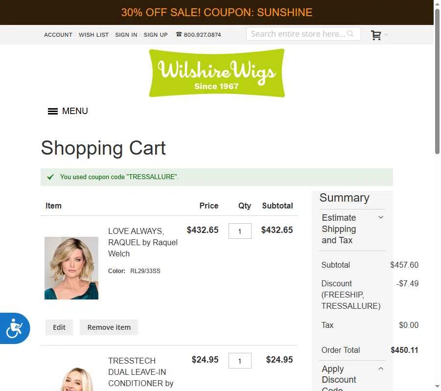 Wilshire Wigs checkout page showing Wilshire Wigs coupon code box | Screenshot taken by SimplyCodes community member on Aug 5, 2025