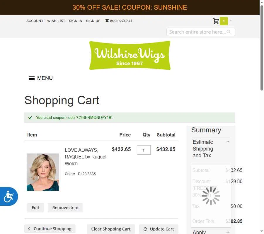 Wilshire Wigs checkout page showing Wilshire Wigs coupon code box | Screenshot taken by SimplyCodes community member on Aug 5, 2025