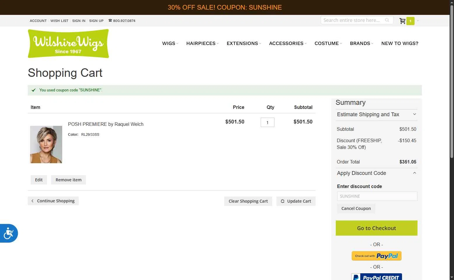 Wilshire Wigs checkout page showing Wilshire Wigs coupon code box | Screenshot taken by SimplyCodes community member on Jun 26, 2025