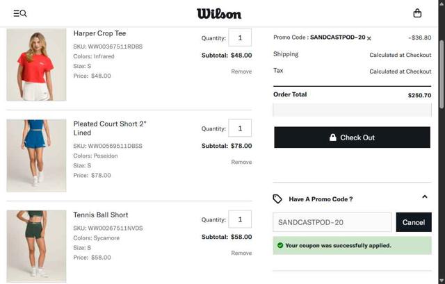 Wilson checkout page showing Wilson promo code box | Screenshot taken by SimplyCodes community member on May 20, 2025