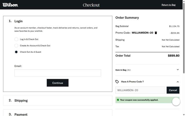Wilson checkout page showing Wilson promo code box | Screenshot taken by SimplyCodes community member on May 7, 2025