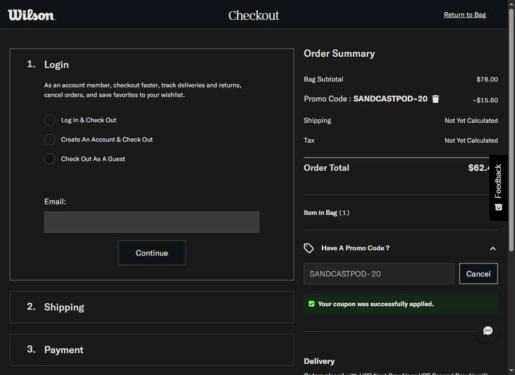 Wilson checkout page showing Wilson promo code box | Screenshot taken by SimplyCodes community member on May 20, 2025