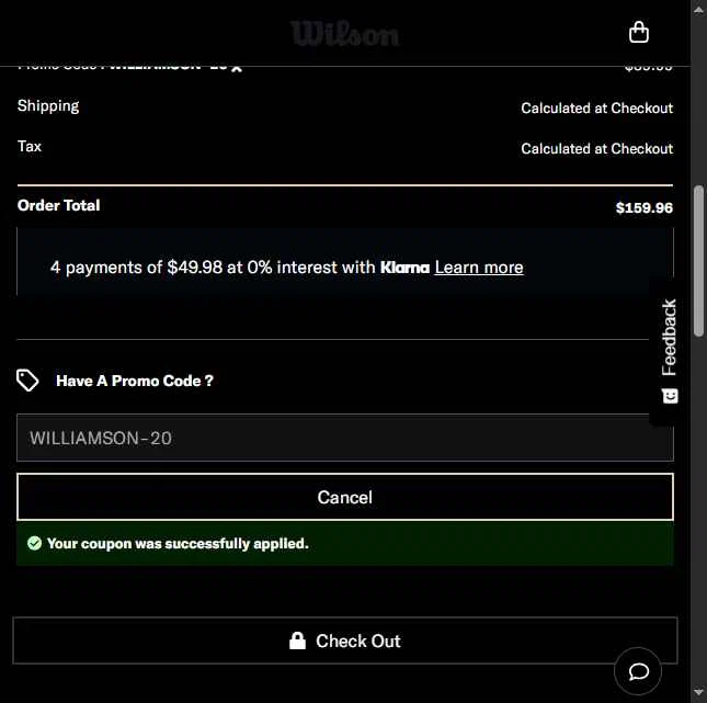 Wilson checkout page showing Wilson promo code box | Screenshot taken by SimplyCodes community member on May 26, 2025