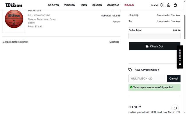 Wilson checkout page showing Wilson promo code box | Screenshot taken by SimplyCodes community member on May 26, 2025
