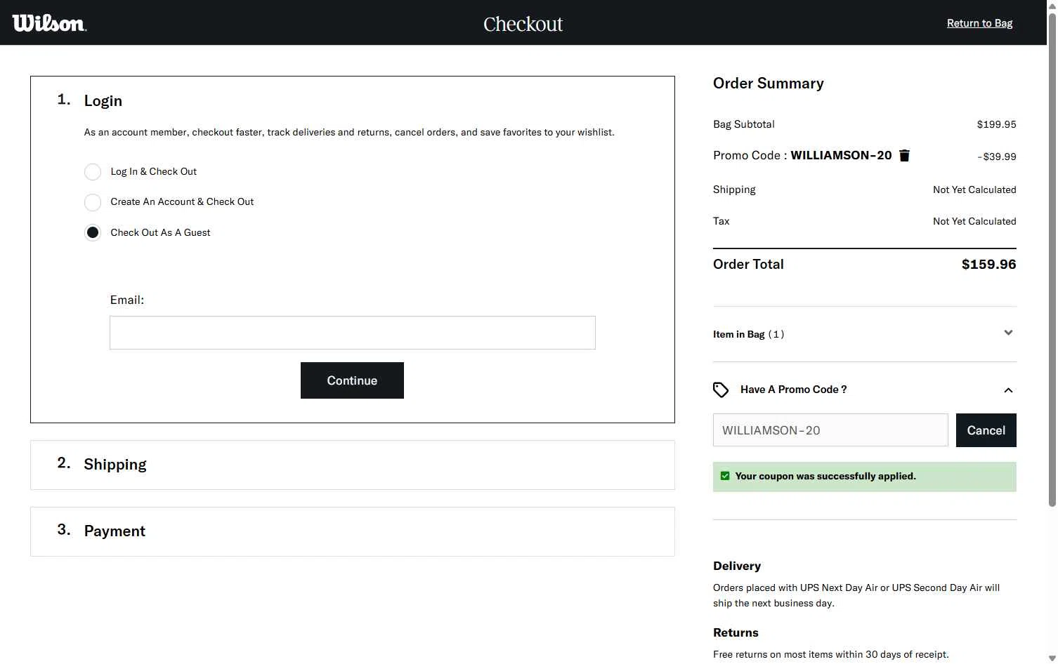 Wilson checkout page showing Wilson promo code box | Screenshot taken by SimplyCodes community member on May 7, 2025
