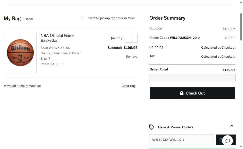 Wilson checkout page showing Wilson promo code box | Screenshot taken by SimplyCodes community member on May 7, 2025