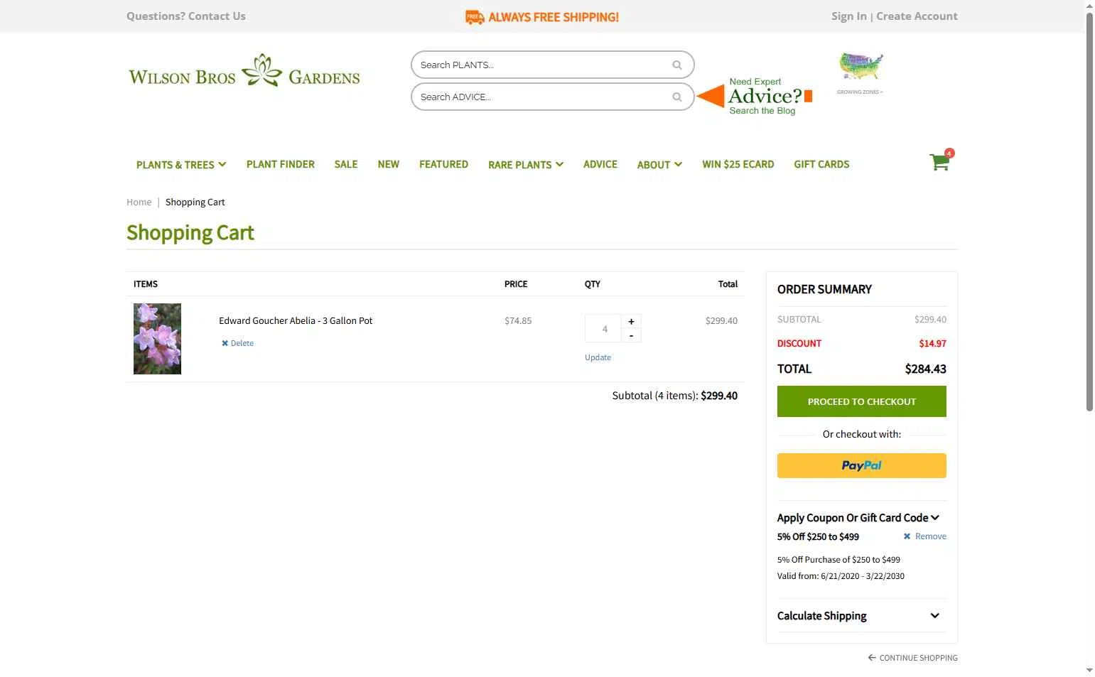 Wilson Bros Gardens checkout page showing Wilson Bros Gardens promo code box | Screenshot taken by SimplyCodes community member on Dec 2, 2025