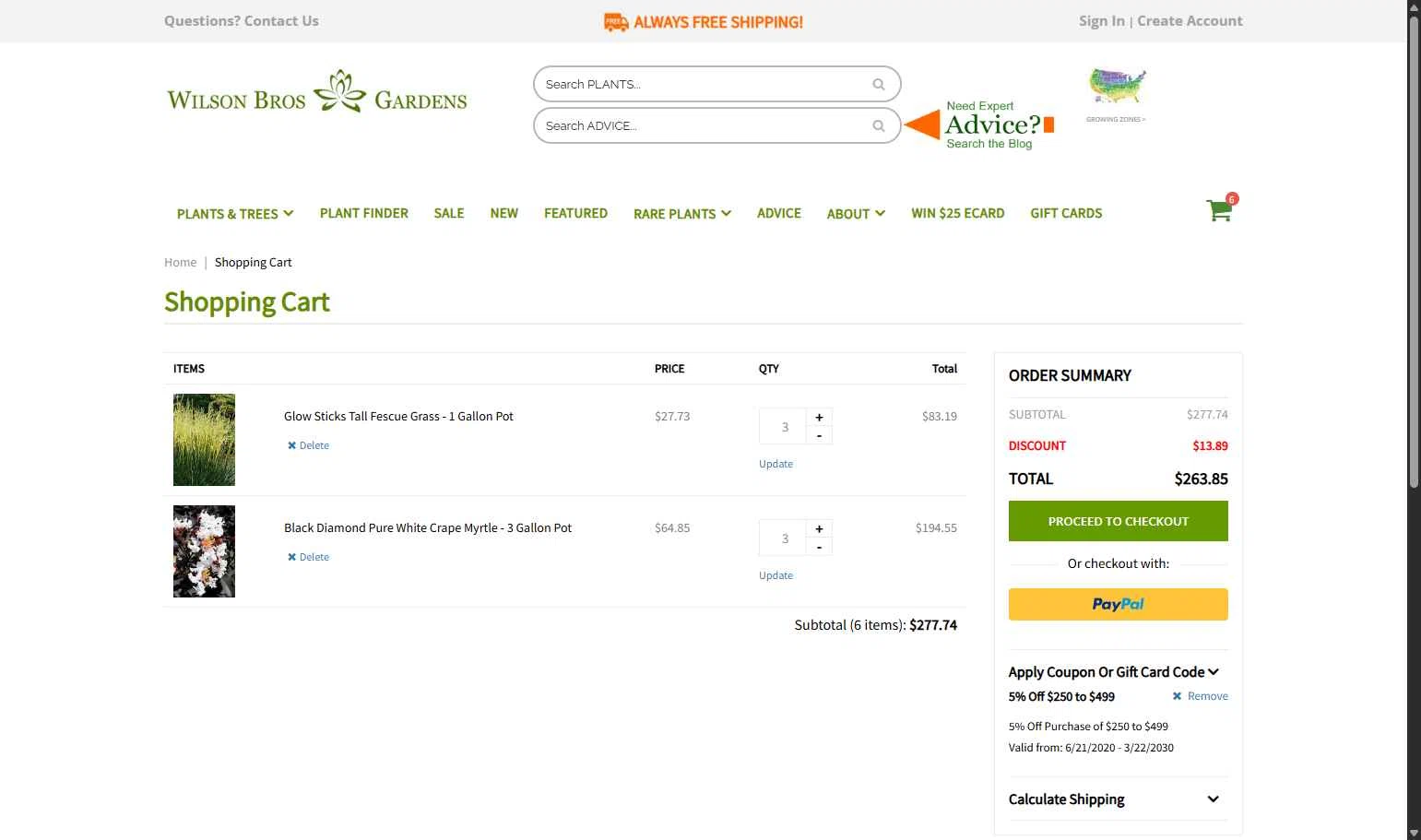 Wilson Bros Gardens checkout page showing Wilson Bros Gardens promo code box | Screenshot taken by SimplyCodes community member on Feb 6, 2026