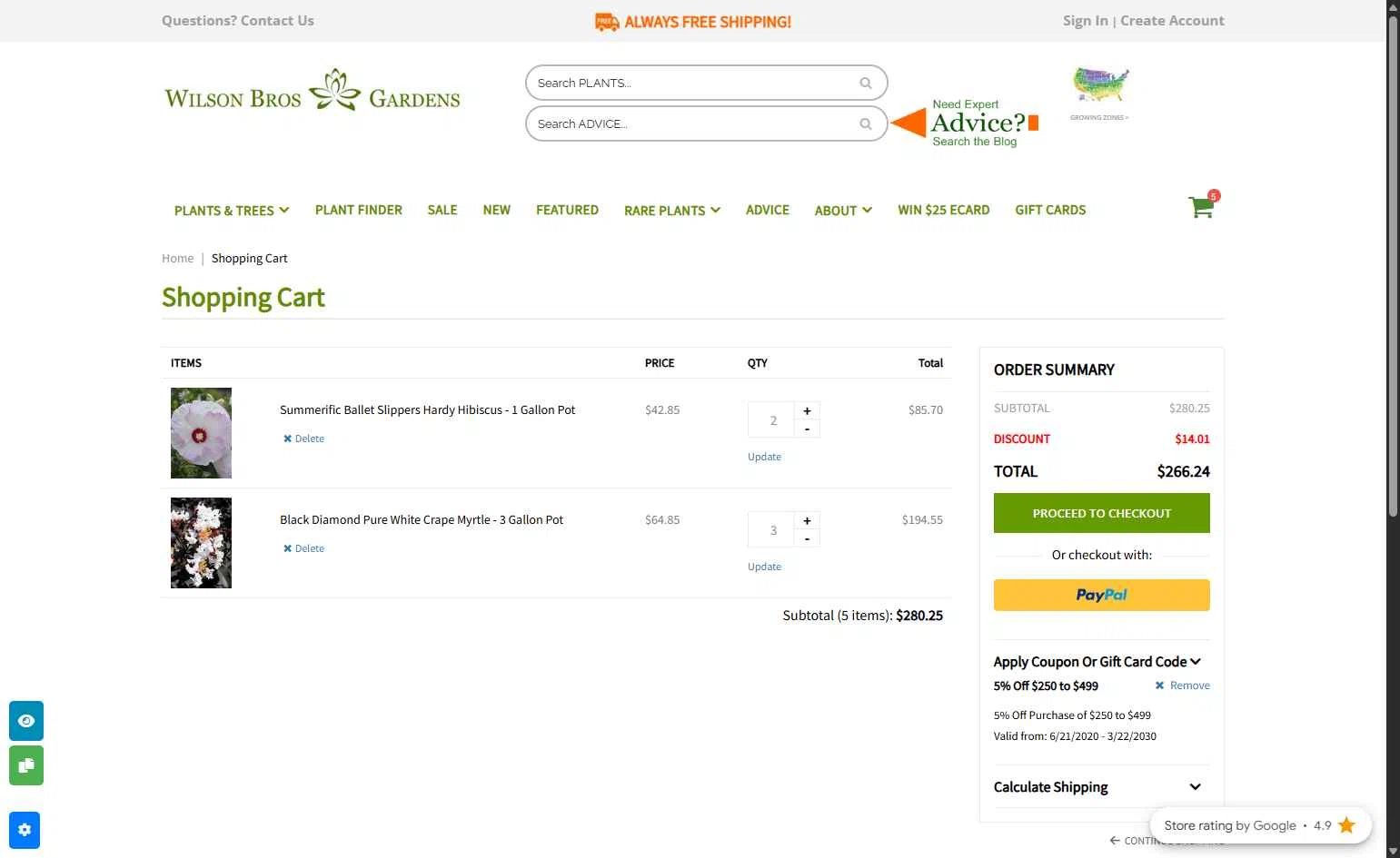 Wilson Bros Gardens checkout page showing Wilson Bros Gardens promo code box | Screenshot taken by SimplyCodes community member on Jan 4, 2026