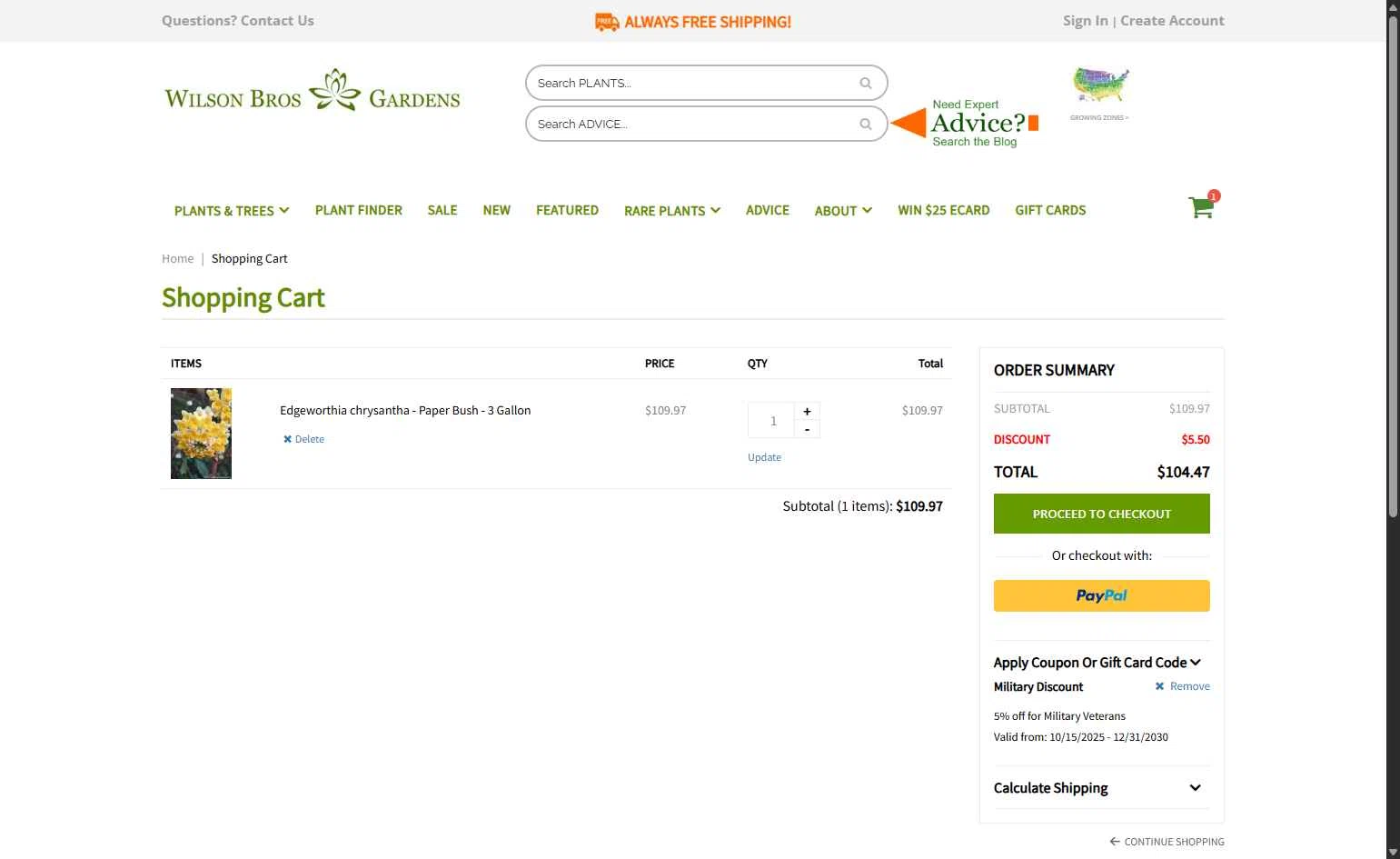 Wilson Bros Gardens checkout page showing Wilson Bros Gardens promo code box | Screenshot taken by SimplyCodes community member on Jan 24, 2026