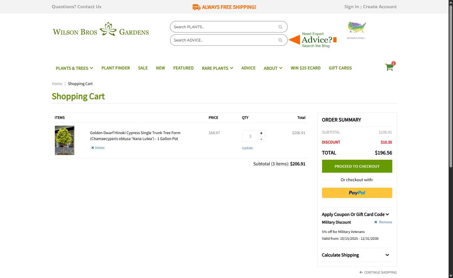 Wilson Bros Gardens checkout page showing Wilson Bros Gardens promo code box | Screenshot taken by SimplyCodes community member on Dec 11, 2025