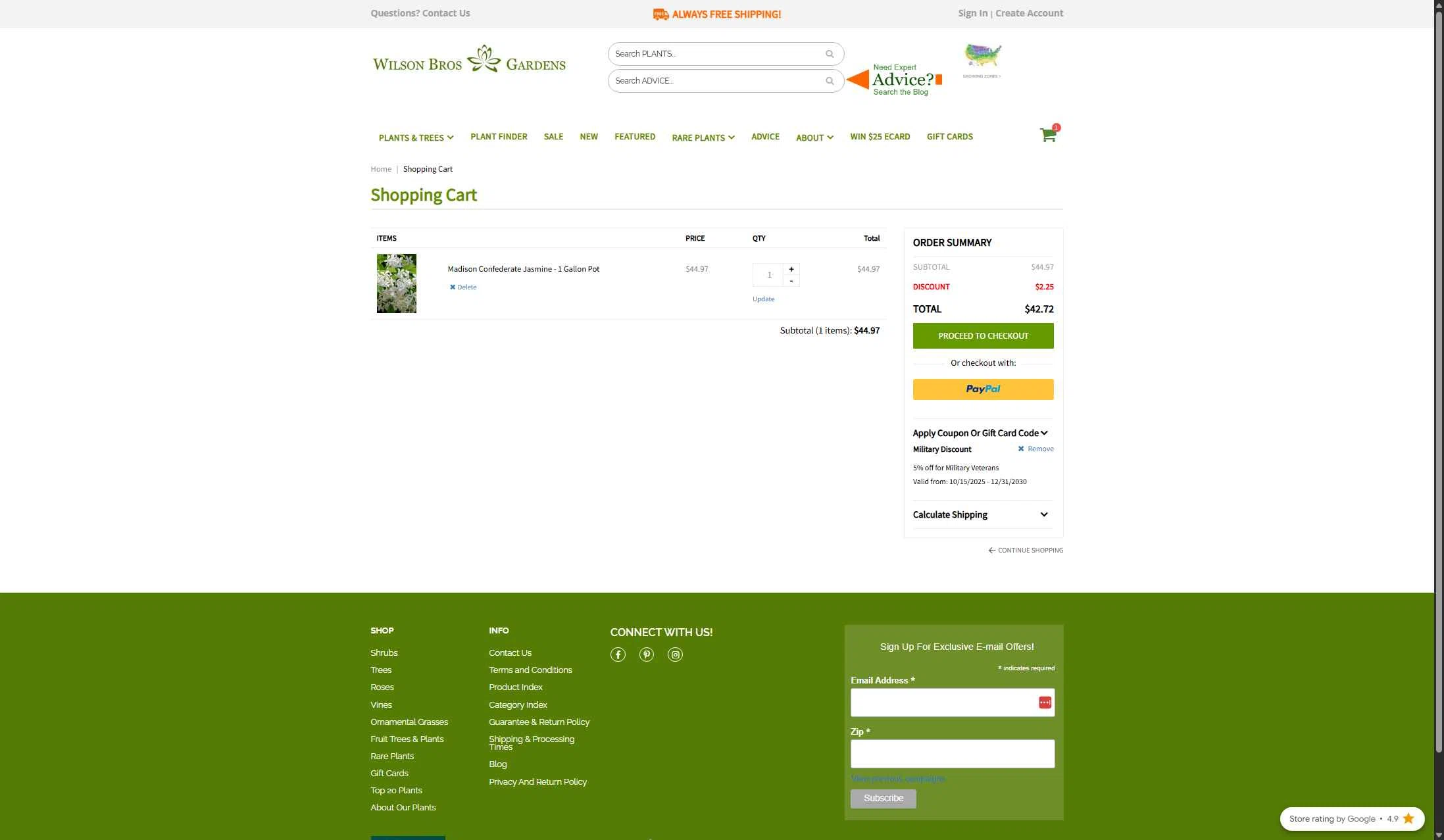 Wilson Bros Gardens checkout page showing Wilson Bros Gardens promo code box | Screenshot taken by SimplyCodes community member on Jan 2, 2026