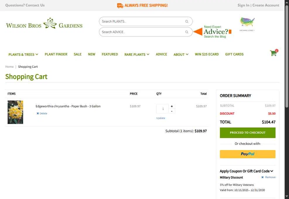 Wilson Bros Gardens checkout page showing Wilson Bros Gardens promo code box | Screenshot taken by SimplyCodes community member on Dec 22, 2025