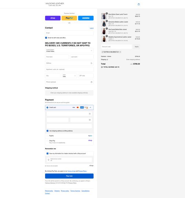 Wilsons Leather checkout page showing Wilsons Leather coupon code box | Screenshot taken by SimplyCodes community member on Aug 30, 2025