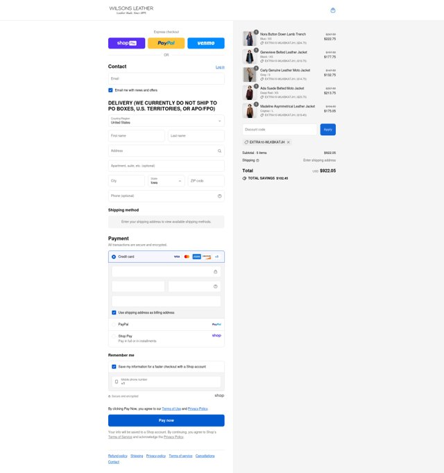 Wilsons Leather checkout page showing Wilsons Leather coupon code box | Screenshot taken by SimplyCodes community member on Aug 26, 2025