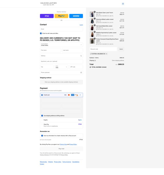 Wilsons Leather checkout page showing Wilsons Leather coupon code box | Screenshot taken by SimplyCodes community member on Sep 3, 2025