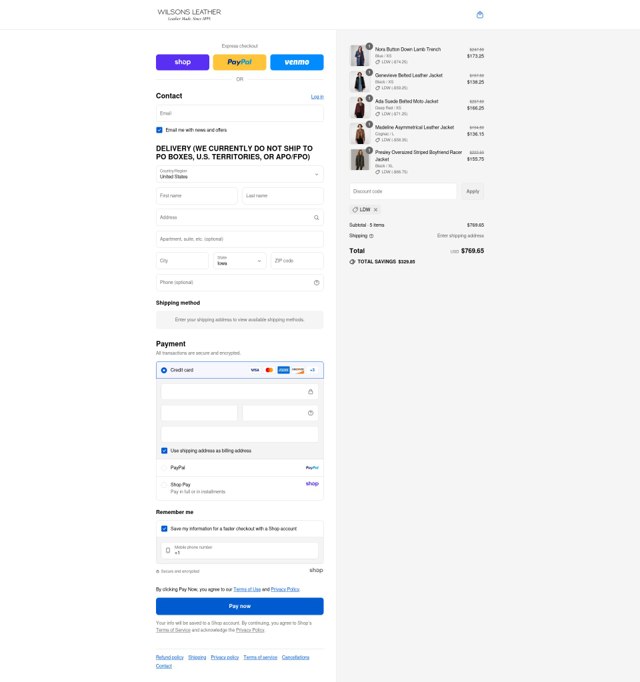 Wilsons Leather checkout page showing Wilsons Leather coupon code box | Screenshot taken by SimplyCodes community member on Sep 3, 2025
