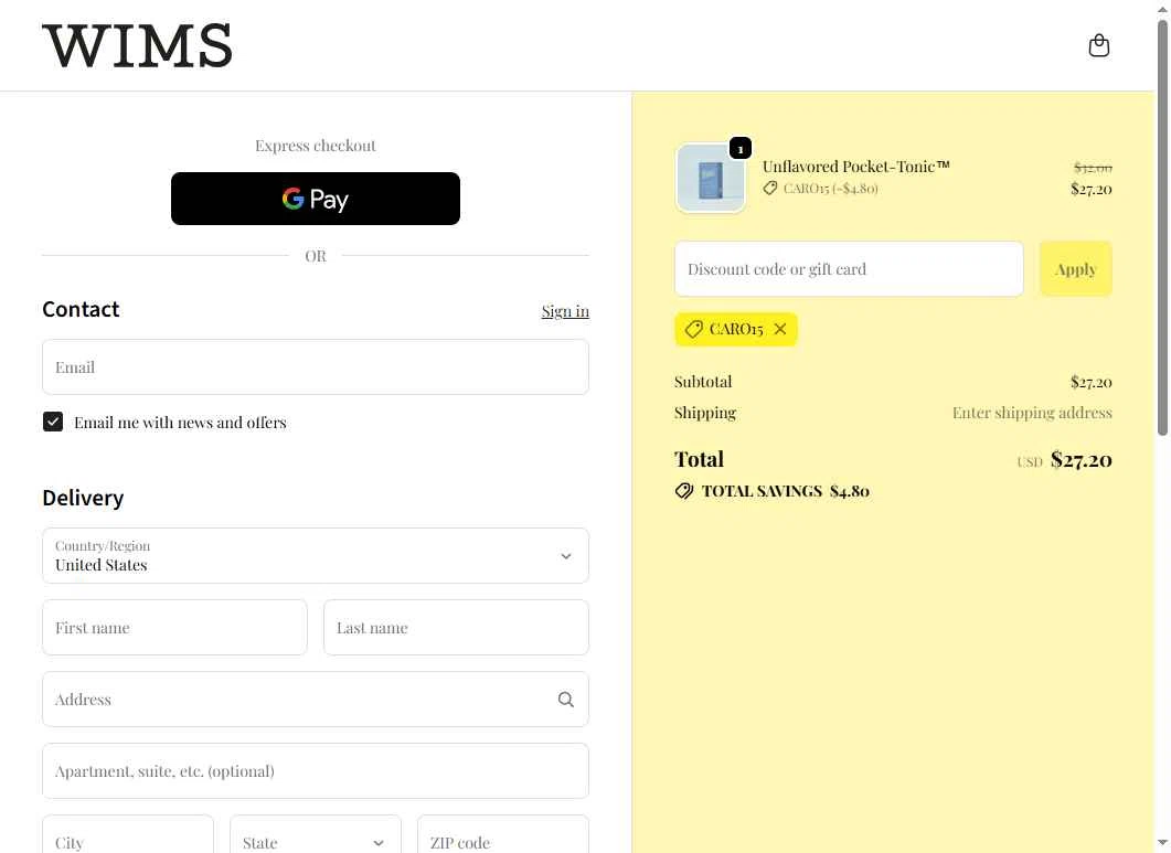 Wims checkout page showing Wims discount code box | Screenshot taken by SimplyCodes community member on Dec 2, 2025