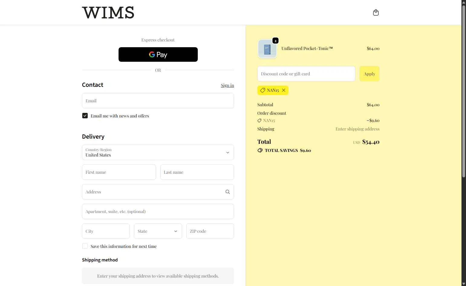 Wims checkout page showing Wims discount code box | Screenshot taken by SimplyCodes community member on Nov 21, 2025