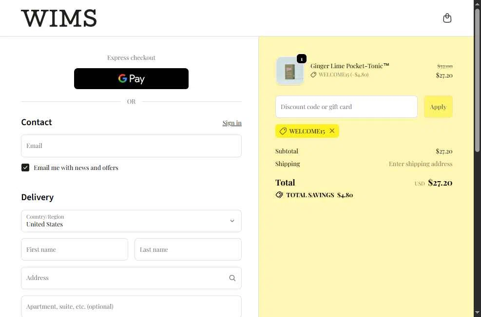 Wims checkout page showing Wims discount code box | Screenshot taken by SimplyCodes community member on Nov 26, 2025