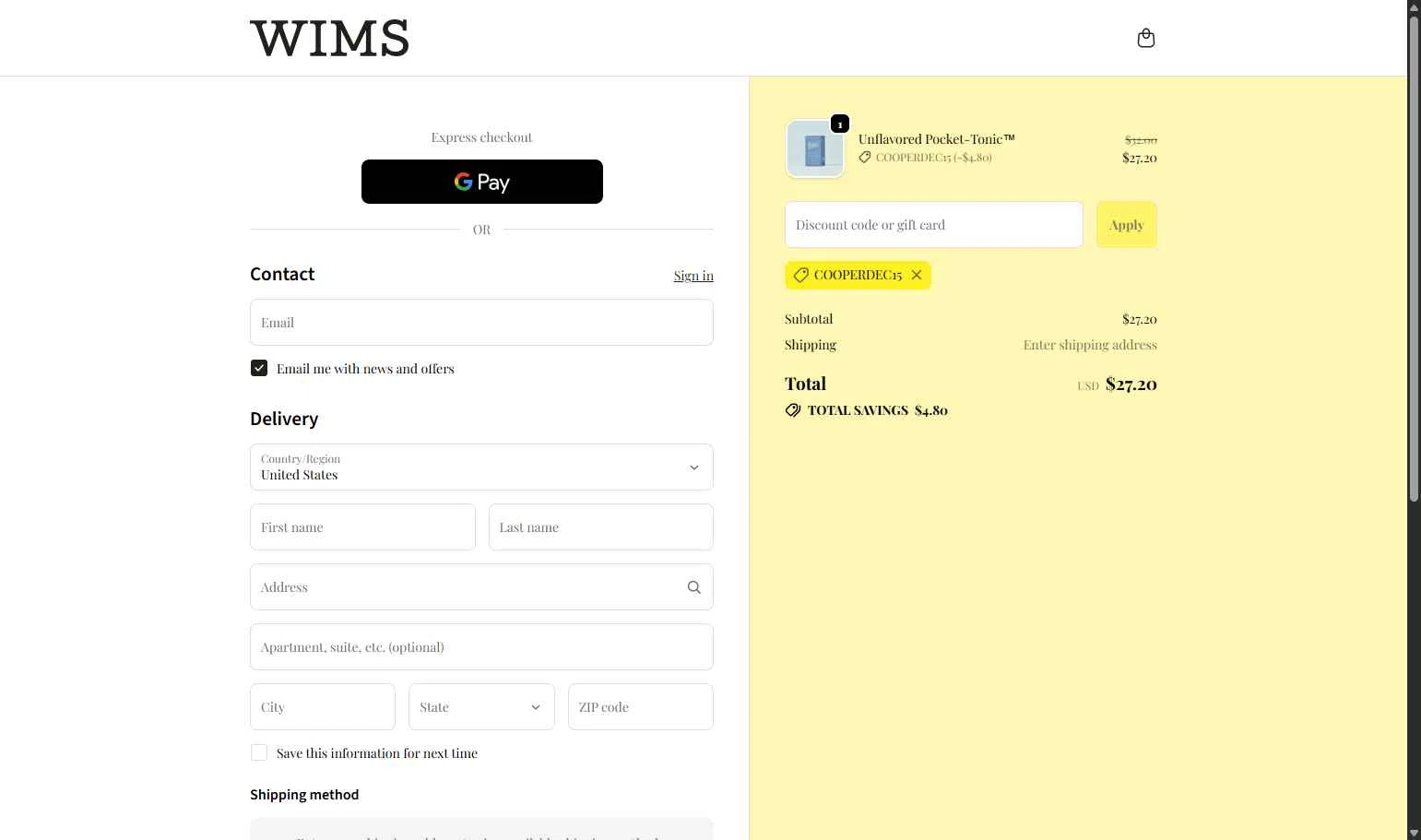 Wims checkout page showing Wims discount code box | Screenshot taken by SimplyCodes community member on Dec 23, 2025