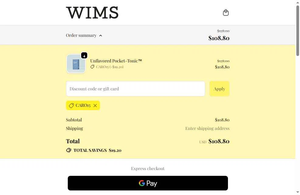 Wims checkout page showing Wims discount code box | Screenshot taken by SimplyCodes community member on Nov 29, 2025
