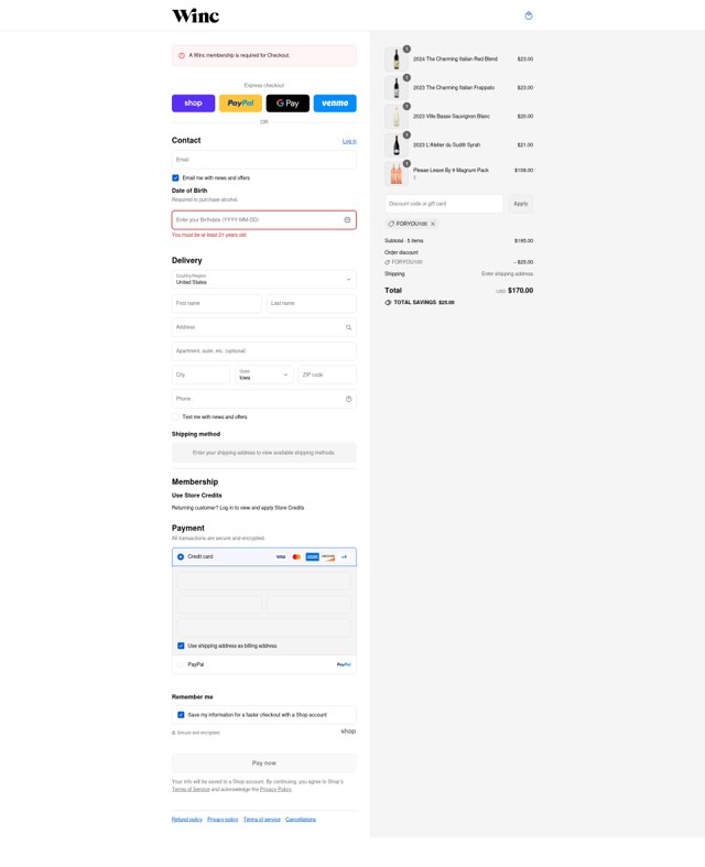 Winc checkout page showing Winc promo code box | Screenshot taken by SimplyCodes community member on Aug 31, 2025