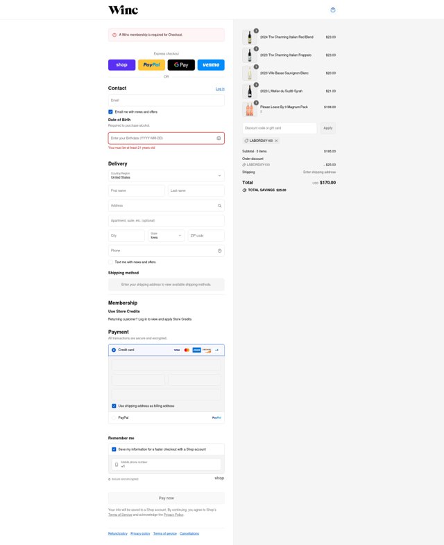 Winc checkout page showing Winc promo code box | Screenshot taken by SimplyCodes community member on Aug 31, 2025