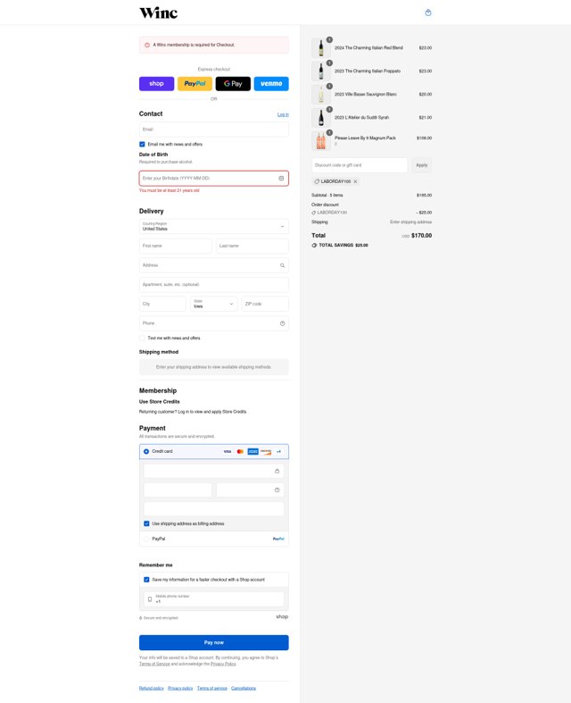 Winc checkout page showing Winc promo code box | Screenshot taken by SimplyCodes community member on Sep 4, 2025