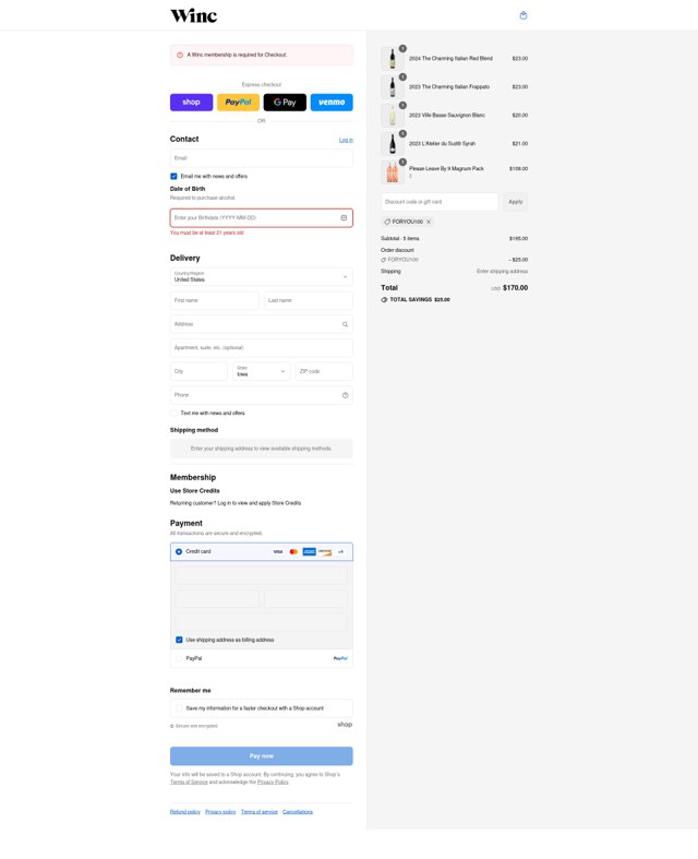 Winc checkout page showing Winc promo code box | Screenshot taken by SimplyCodes community member on Sep 4, 2025