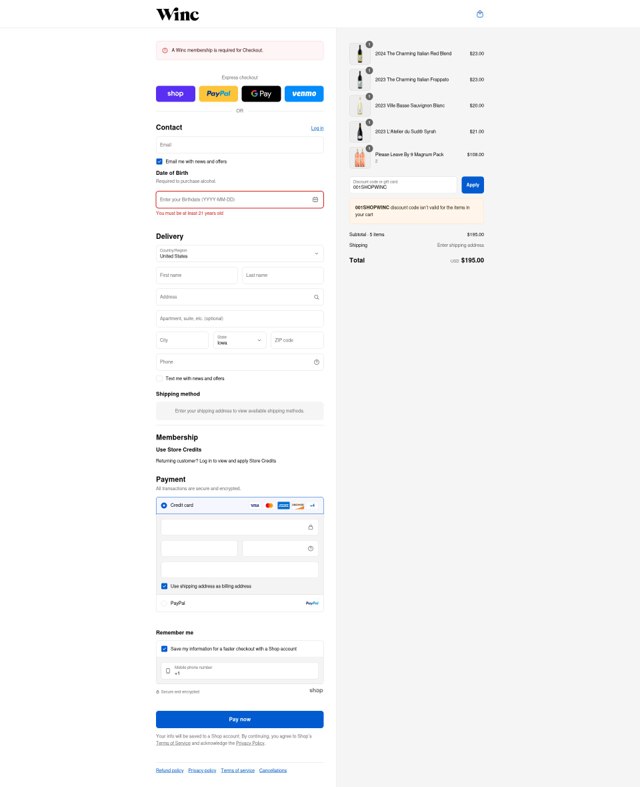 Winc checkout page showing Winc promo code box | Screenshot taken by SimplyCodes community member on Sep 4, 2025