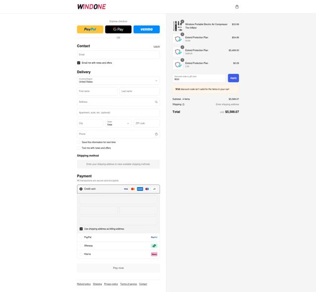 WINDONE checkout page showing WINDONE discount code box | Screenshot taken by SimplyCodes community member on Sep 8, 2025