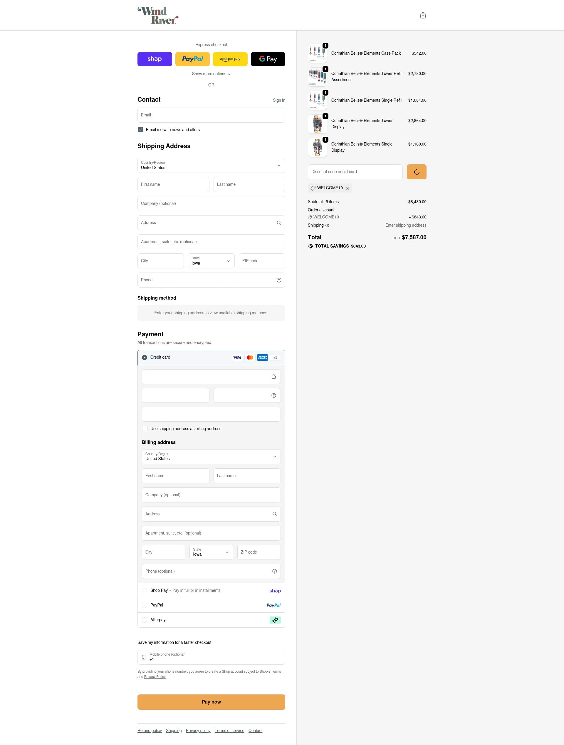 Wind River Chimes checkout page showing Wind River Chimes discount code box | Screenshot taken by SimplyCodes community member on Jan 30, 2026