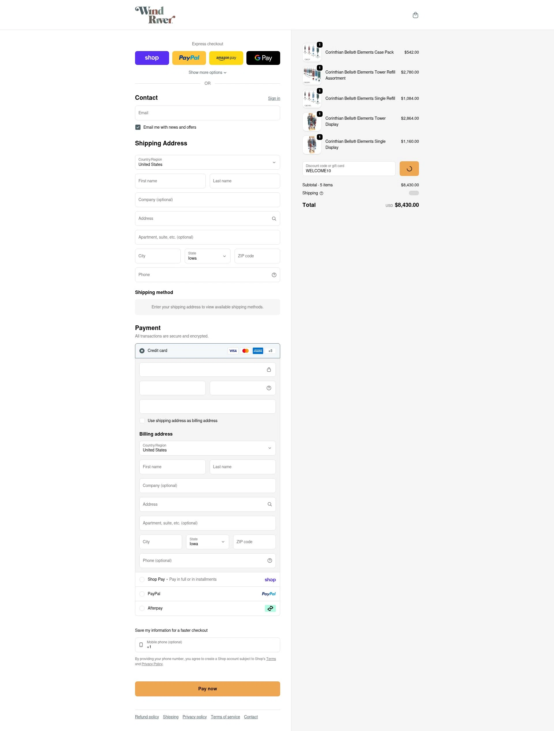 Wind River Chimes checkout page showing Wind River Chimes discount code box | Screenshot taken by SimplyCodes community member on Feb 4, 2026