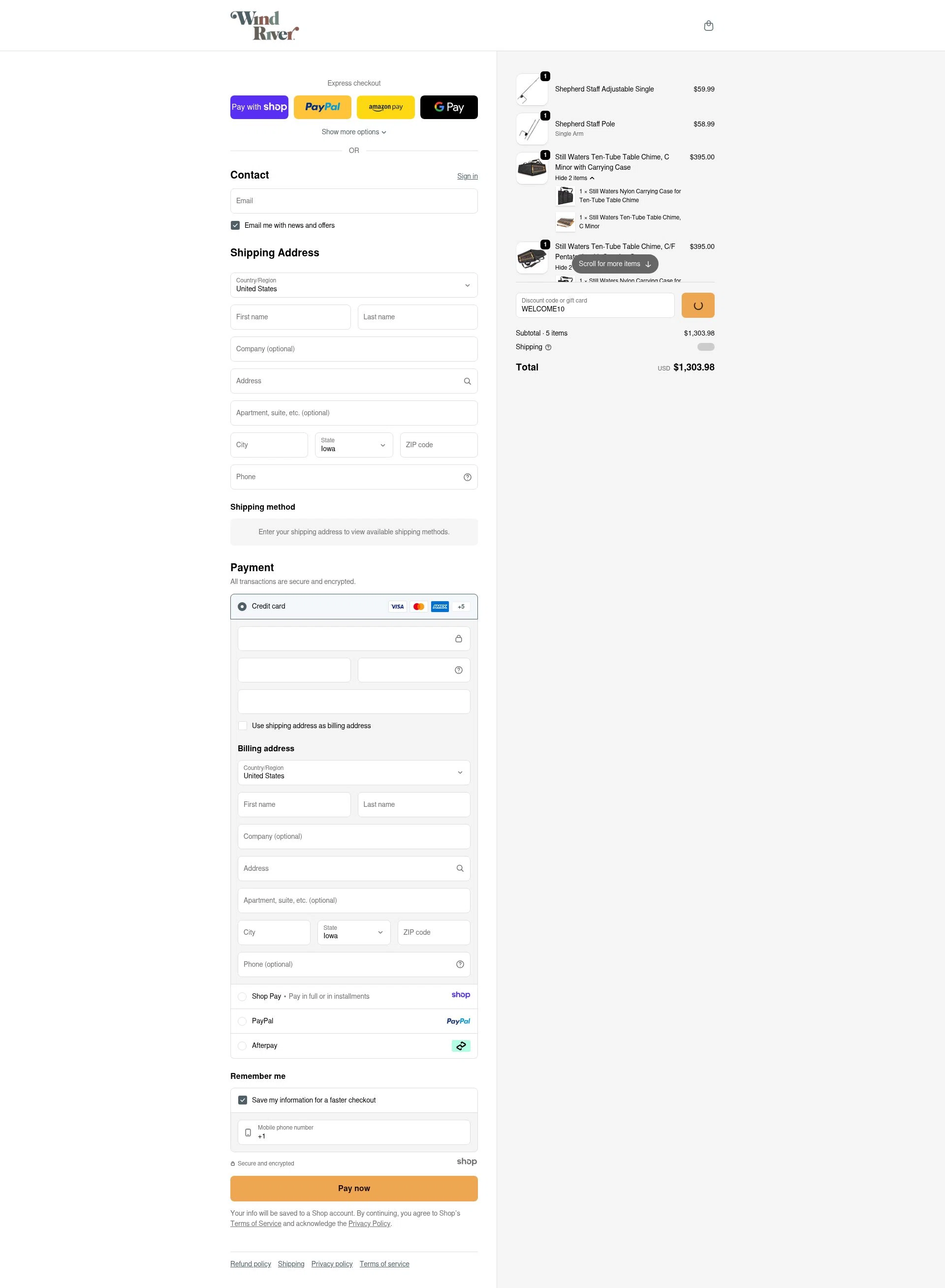 Wind River Chimes checkout page showing Wind River Chimes discount code box | Screenshot taken by SimplyCodes community member on Jan 6, 2026