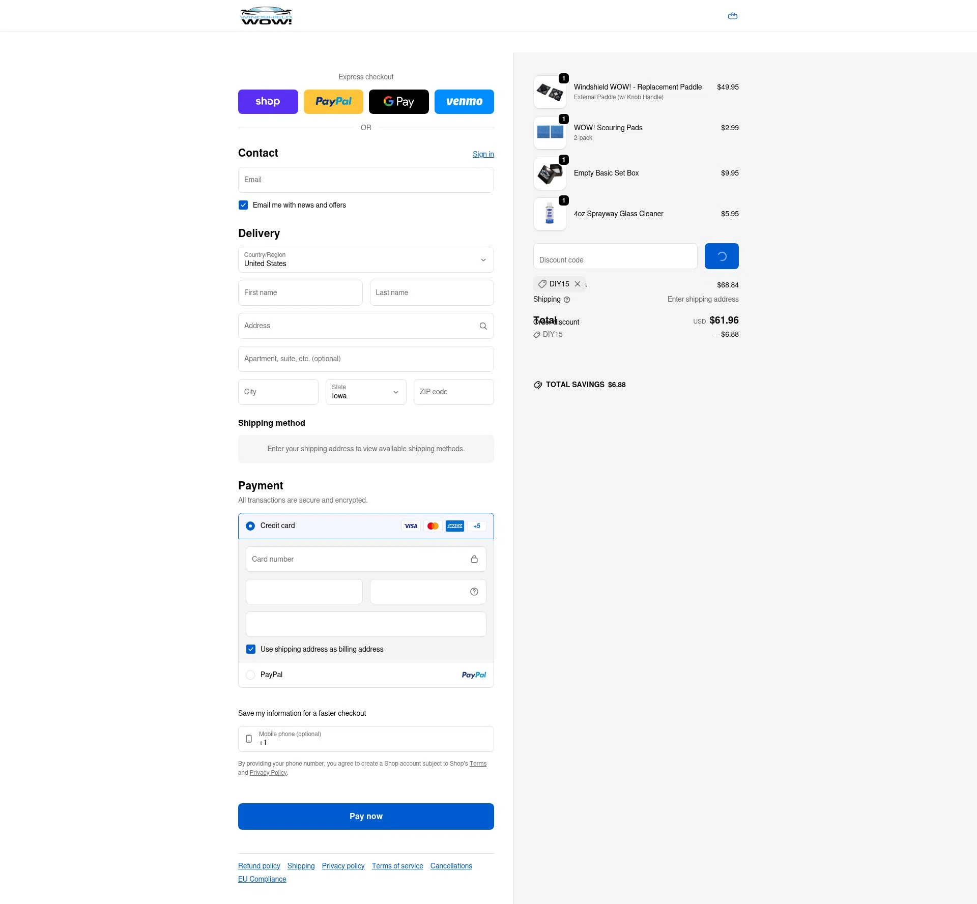 Windshield Wow checkout page showing Windshield Wow discount code box | Screenshot taken by SimplyCodes community member on Feb 13, 2026