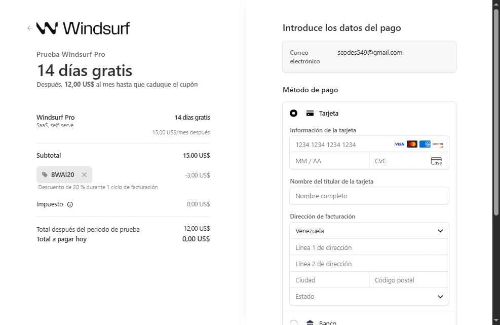 Windsurf checkout page showing Windsurf promo code box | Screenshot taken by SimplyCodes community member on Jan 13, 2026