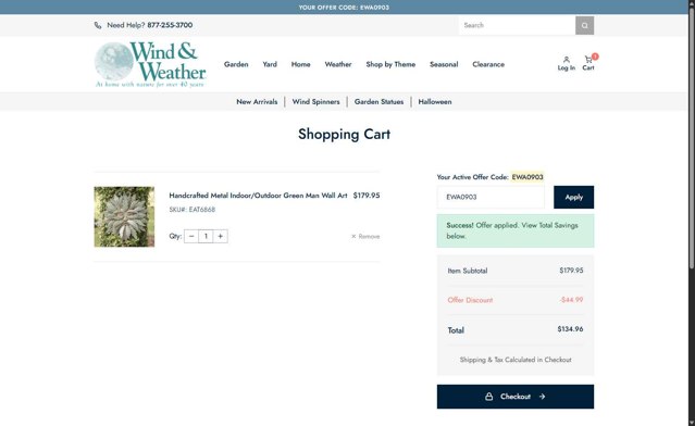 Wind & Weather checkout page showing Wind & Weather promo code box | Screenshot taken by SimplyCodes community member on Sep 4, 2025