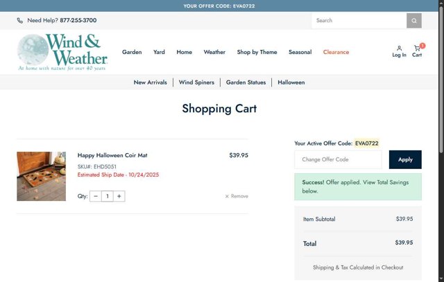 Wind & Weather checkout page showing Wind & Weather promo code box | Screenshot taken by SimplyCodes community member on Aug 20, 2025