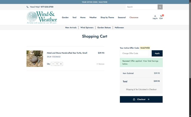 Wind & Weather checkout page showing Wind & Weather promo code box | Screenshot taken by SimplyCodes community member on Aug 28, 2025