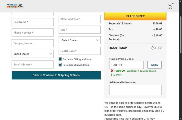 Windy City Novelties checkout page showing Windy City Novelties promo code box | Screenshot taken by SimplyCodes community member on Jul 12, 2025